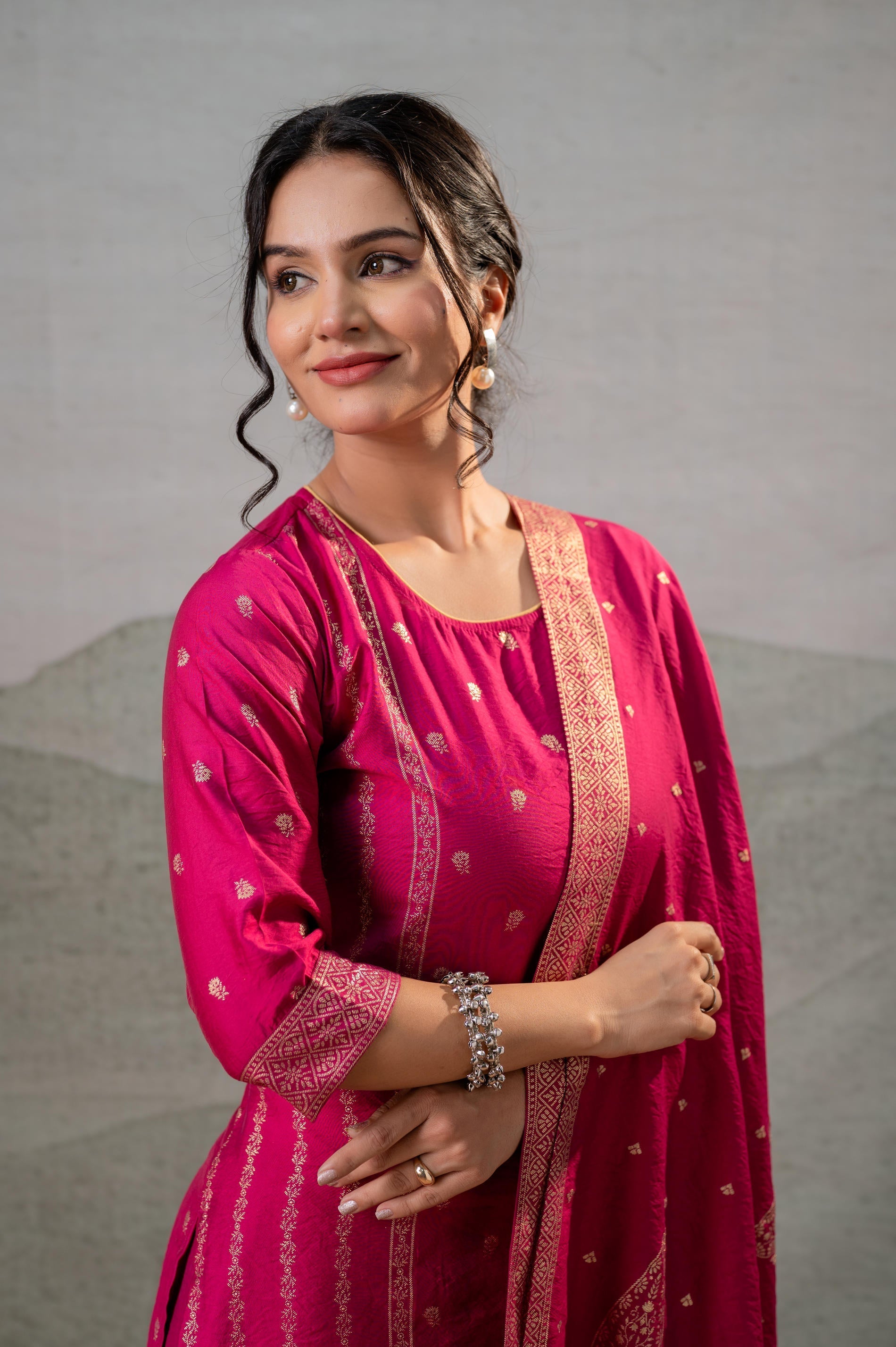 Juniper Fuchsia Foil-Print Straight Kurta Set With Pant & Ornate Dupatta | Grocsy