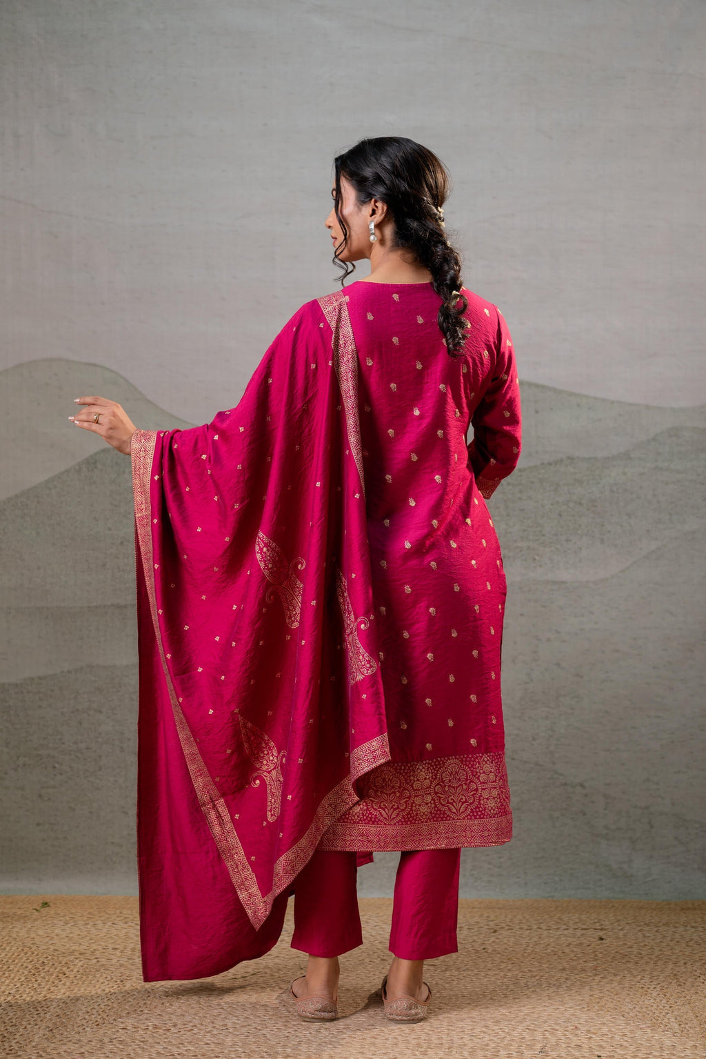 Juniper Fuchsia Foil-Print Straight Kurta Set With Pant & Ornate Dupatta | Grocsy