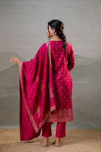 Juniper Fuchsia Foil-Print Straight Kurta Set With Pant & Ornate Dupatta | Grocsy
