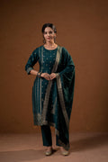 Juniper Green Foil-Print Straight Kurta Set With Pant & Ornate Dupatta | Grocsy