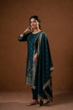 Juniper Green Foil-Print Straight Kurta Set With Pant & Ornate Dupatta | Grocsy