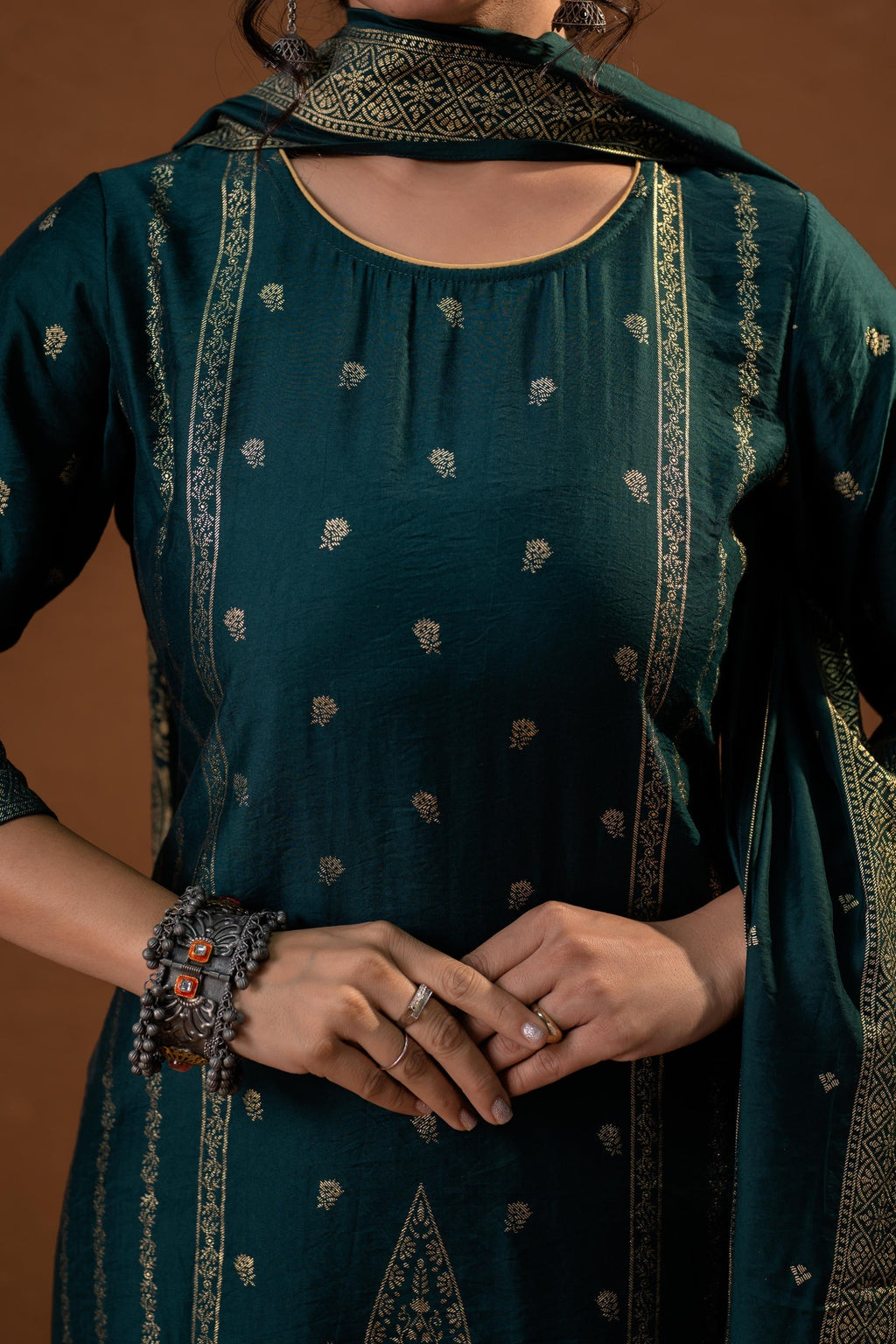 Juniper Green Foil-Print Straight Kurta Set With Pant & Ornate Dupatta | Grocsy