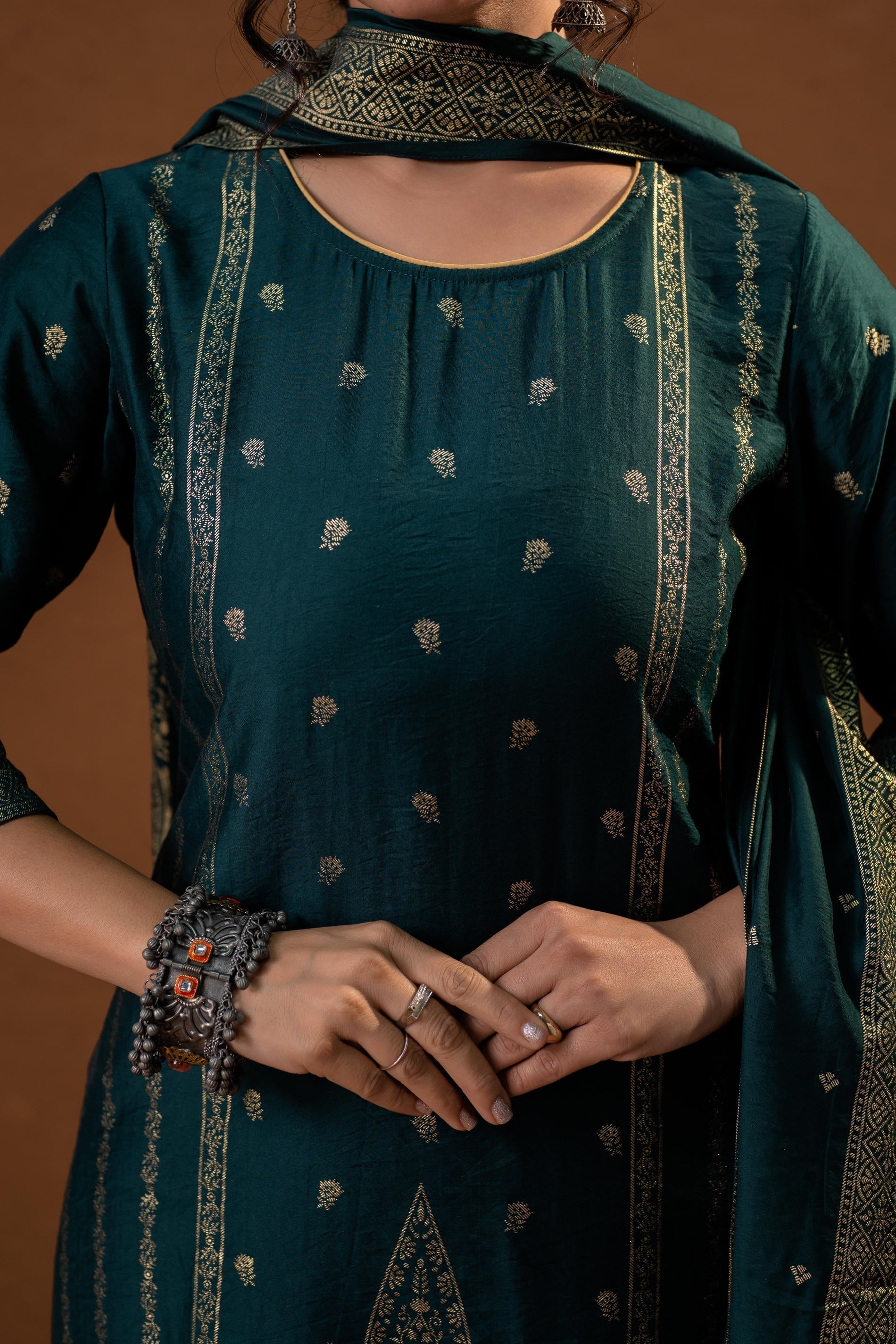 Juniper Green Foil-Print Straight Kurta Set With Pant & Ornate Dupatta | Grocsy