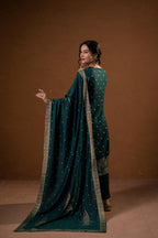 Juniper Green Foil-Print Straight Kurta Set With Pant & Ornate Dupatta | Grocsy