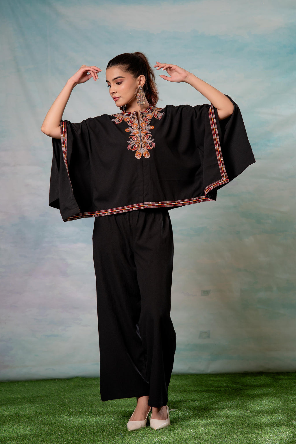 Juniper Black Embroidered Cape Tunic With Matching Palazzo Pants | Grocsy