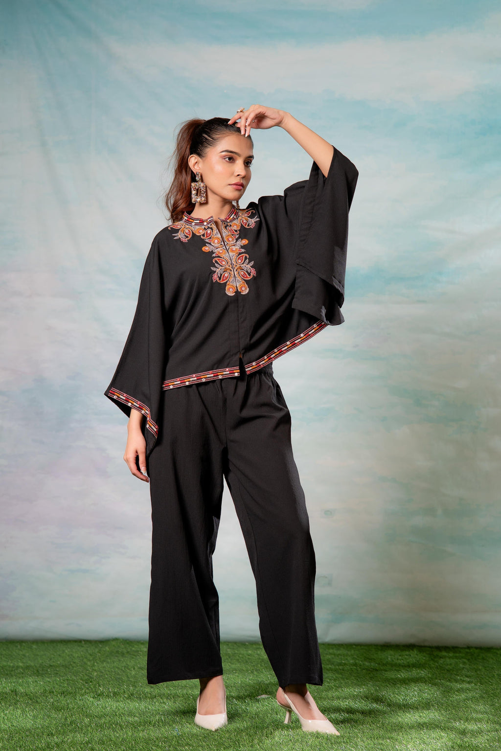 Juniper Black Embroidered Cape Tunic With Matching Palazzo Pants | Grocsy