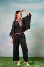 Juniper Black Embroidered Cape Tunic With Matching Palazzo Pants | Grocsy
