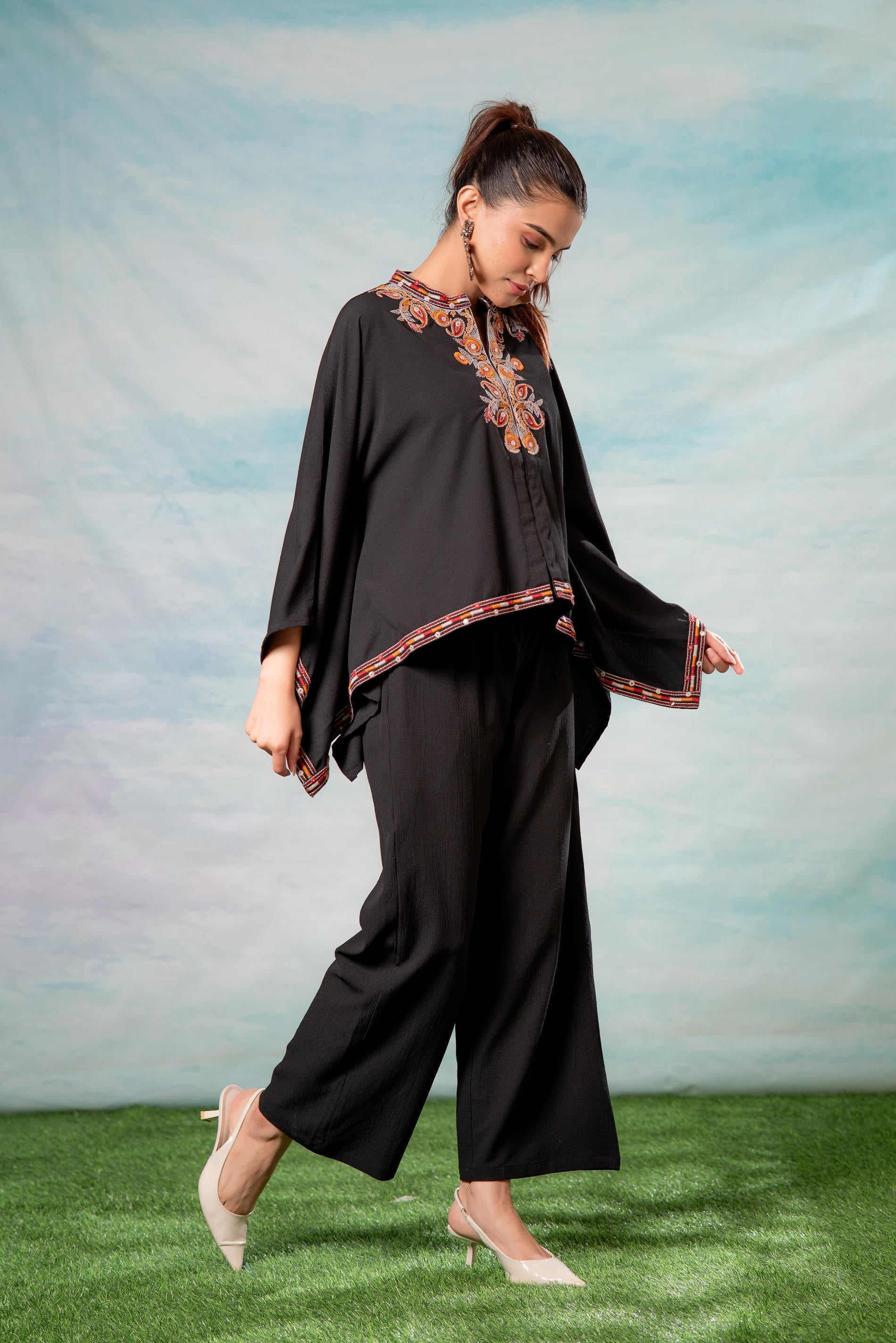 Juniper Black Embroidered Cape Tunic With Matching Palazzo Pants | Grocsy