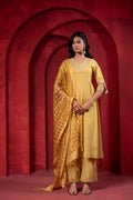 Juniper Mustard Elegance Chanderi Kurta Set With Geometric Dupatta | Grocsy