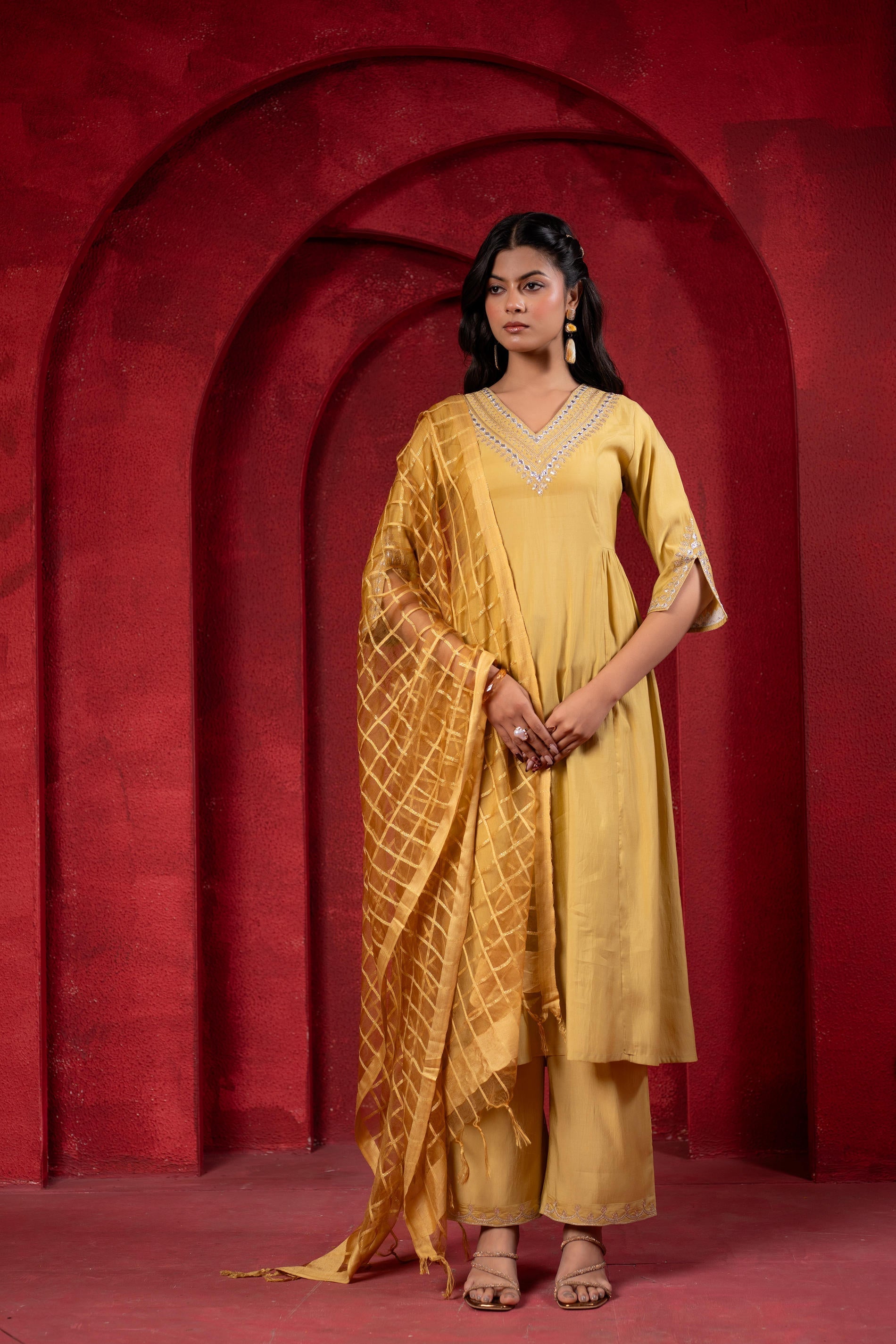 Juniper Mustard Elegance Chanderi Kurta Set With Geometric Dupatta | Grocsy