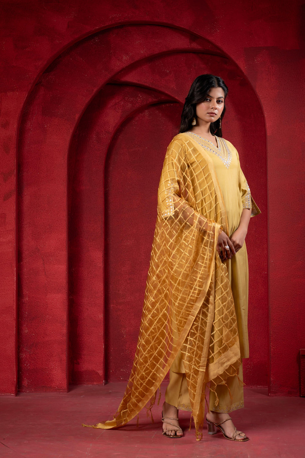 Juniper Mustard Elegance Chanderi Kurta Set With Geometric Dupatta | Grocsy