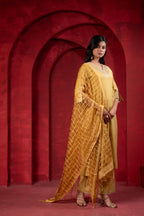 Juniper Mustard Elegance Chanderi Kurta Set With Geometric Dupatta | Grocsy