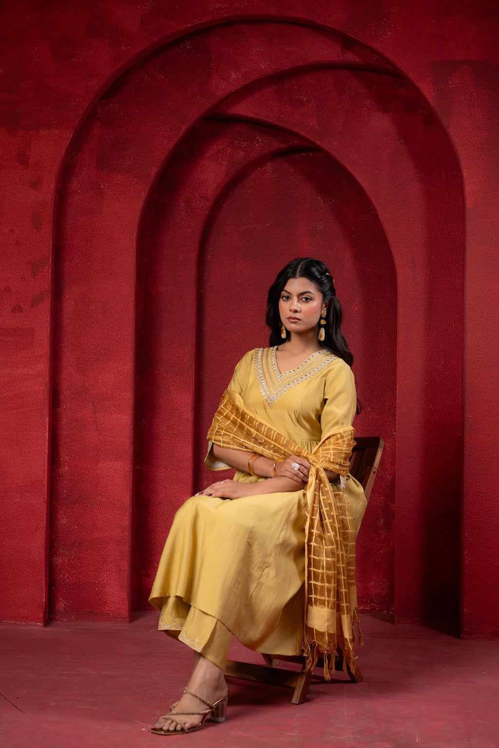 Juniper Mustard Elegance Chanderi Kurta Set With Geometric Dupatta | Grocsy