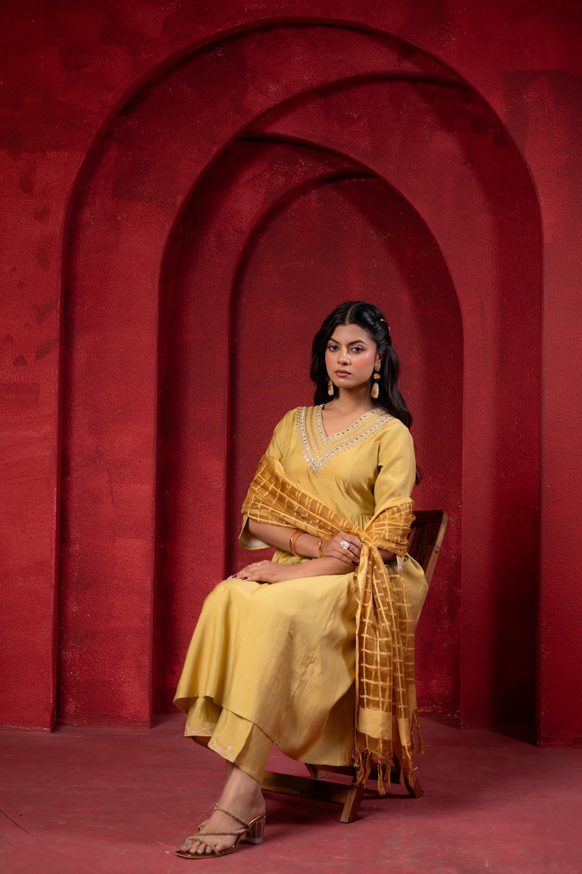 Juniper Mustard Elegance Chanderi Kurta Set With Geometric Dupatta | Grocsy