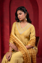 Juniper Mustard Elegance Chanderi Kurta Set With Geometric Dupatta | Grocsy