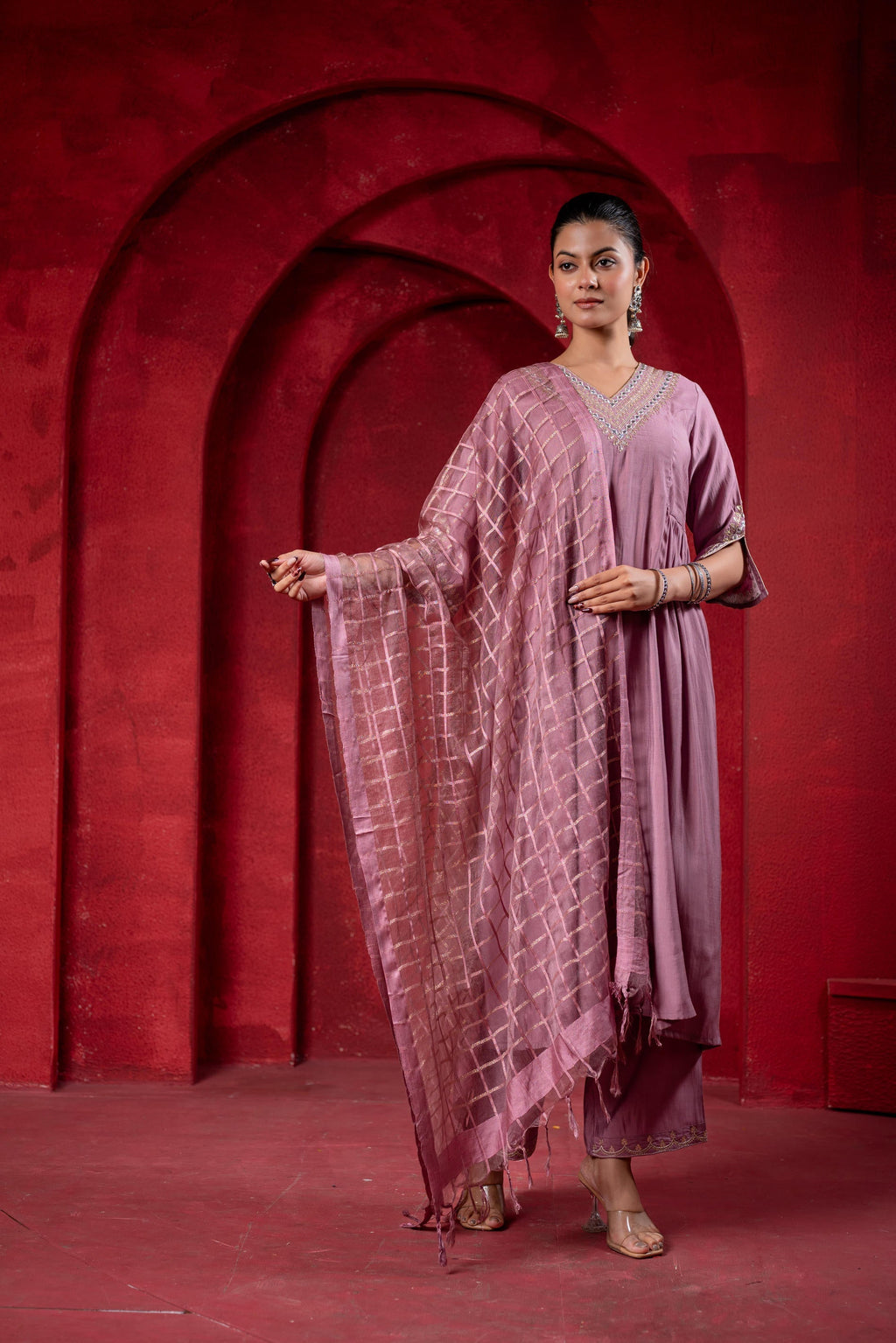 Juniper Onion Pink Elegance Chanderi Kurta Set With Geometric Dupatta | Grocsy