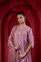 Juniper Onion Pink Elegance Chanderi Kurta Set With Geometric Dupatta | Grocsy