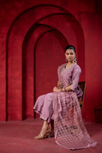 Juniper Onion Pink Elegance Chanderi Kurta Set With Geometric Dupatta | Grocsy