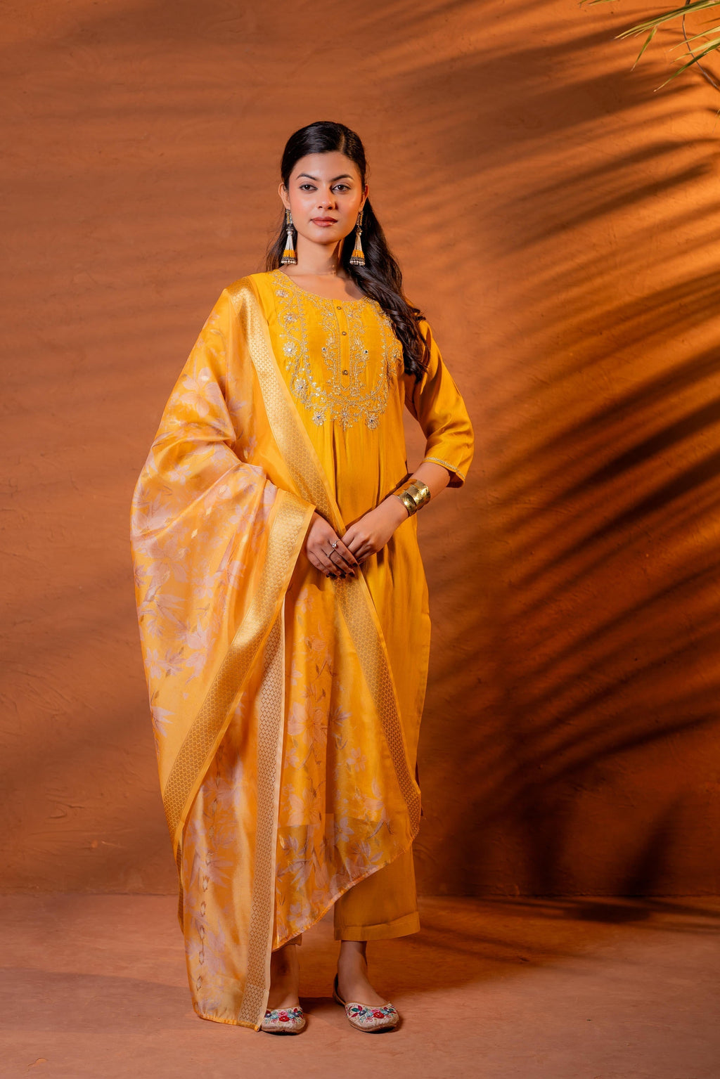 Juniper Mustard, Zari Embroidered Straight Kurta Set With Abstract Printed Dupatta | Grocsy