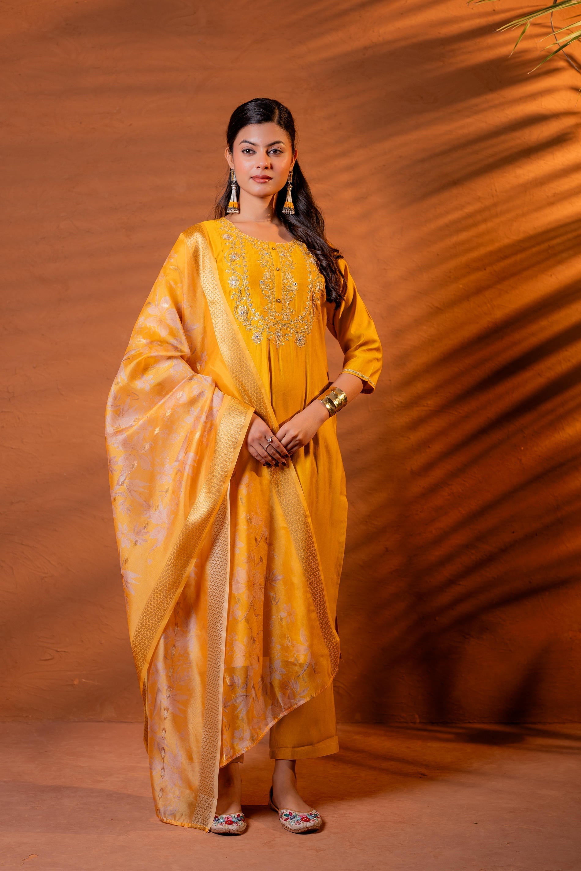 Juniper Mustard, Zari Embroidered Straight Kurta Set With Abstract Printed Dupatta | Grocsy