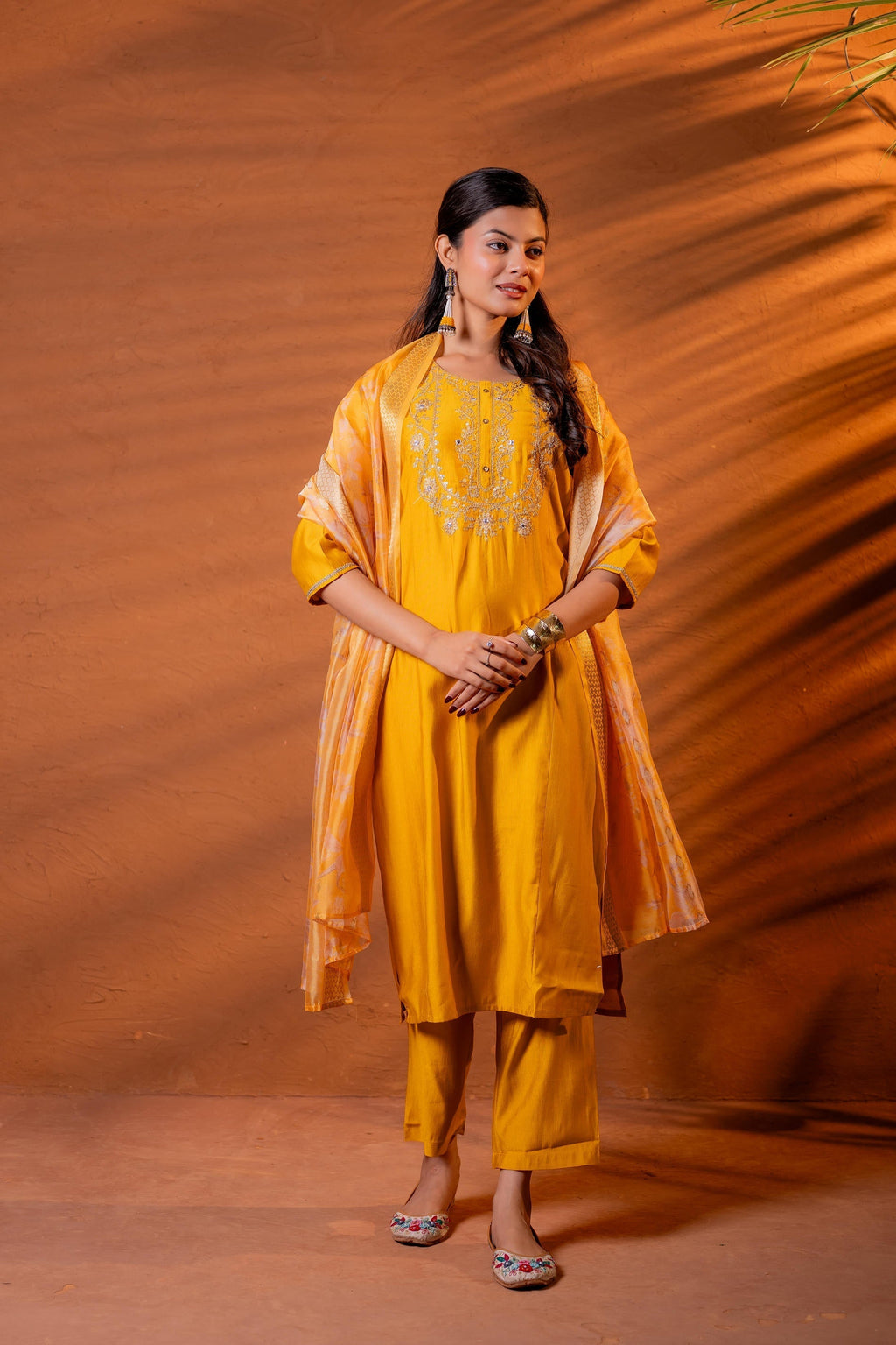Juniper Mustard, Zari Embroidered Straight Kurta Set With Abstract Printed Dupatta | Grocsy