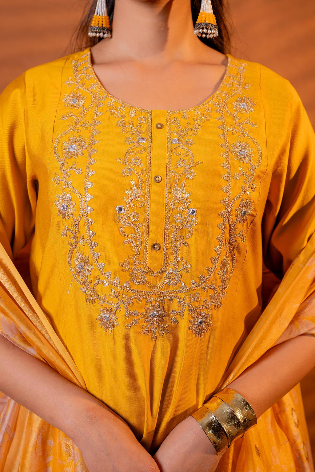 Juniper Mustard, Zari Embroidered Straight Kurta Set With Abstract Printed Dupatta | Grocsy