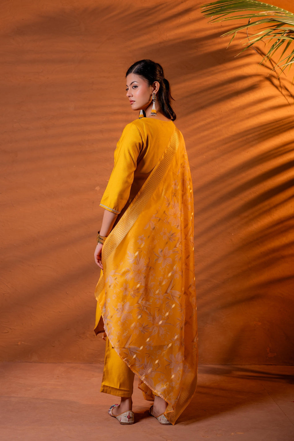 Juniper Mustard, Zari Embroidered Straight Kurta Set With Abstract Printed Dupatta | Grocsy