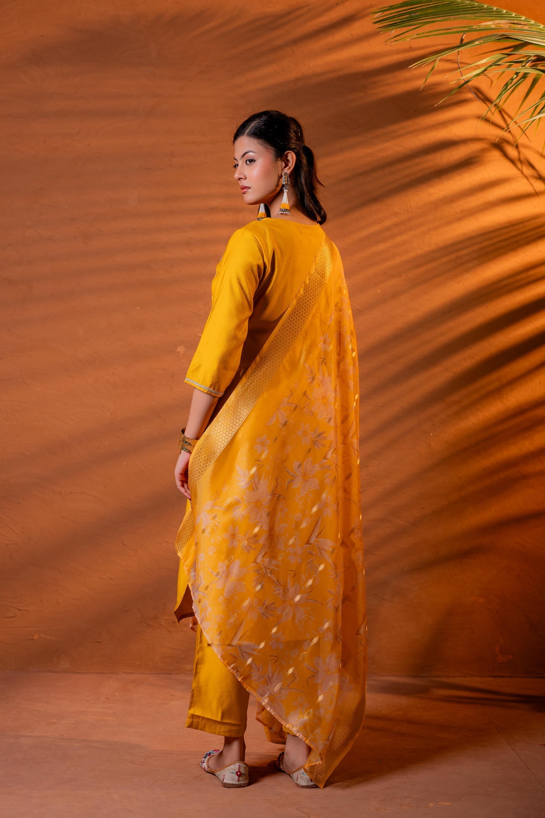 Juniper Mustard, Zari Embroidered Straight Kurta Set With Abstract Printed Dupatta | Grocsy