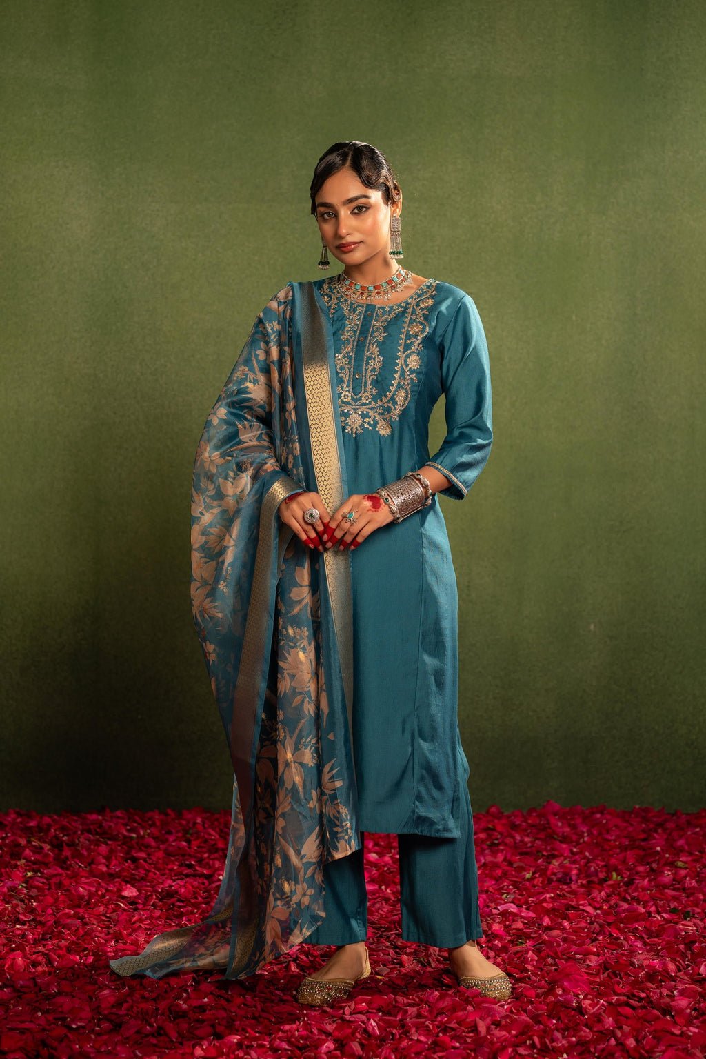 Juniper Teal, Embroidered Kurta Set With Jacquard Dupatta | Grocsy