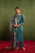 Juniper Teal, Embroidered Kurta Set With Jacquard Dupatta | Grocsy