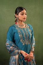 Juniper Teal, Embroidered Kurta Set With Jacquard Dupatta | Grocsy
