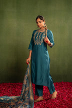 Juniper Teal, Embroidered Kurta Set With Jacquard Dupatta | Grocsy