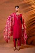 Juniper Fuchsia Zari Embroidered Straight Kurta Set With Floral Printed Dupatta | Grocsy