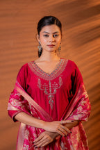 Juniper Fuchsia Zari Embroidered Straight Kurta Set With Floral Printed Dupatta | Grocsy