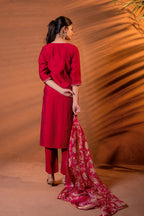 Juniper Fuchsia Zari Embroidered Straight Kurta Set With Floral Printed Dupatta | Grocsy