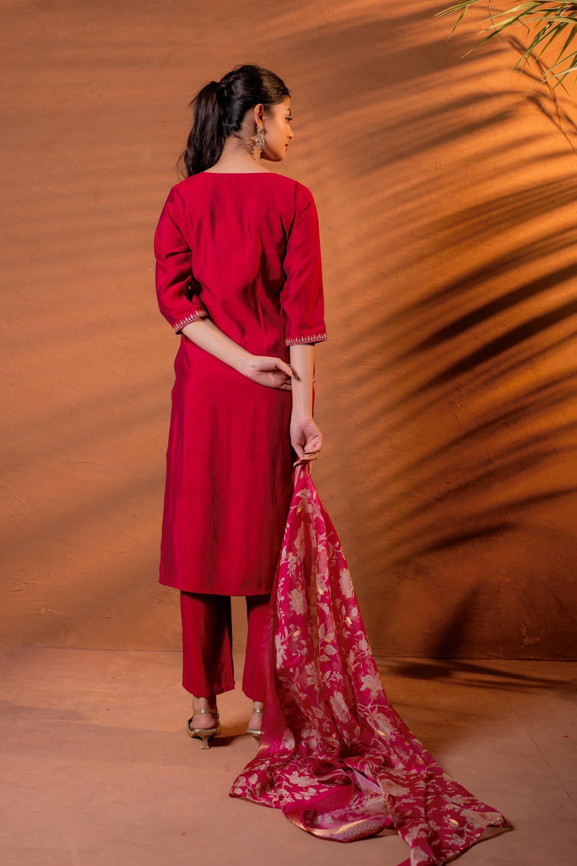 Juniper Fuchsia Zari Embroidered Straight Kurta Set With Floral Printed Dupatta | Grocsy