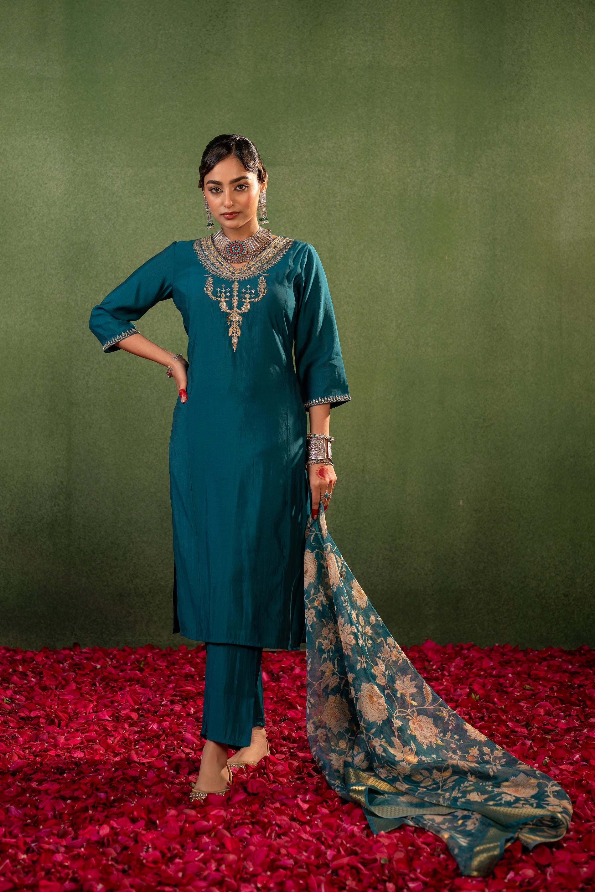 Juniper Green Floral Embroidered Kurta Set With Jacquard Dupatta | Grocsy