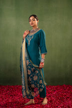 Juniper Green Floral Embroidered Kurta Set With Jacquard Dupatta | Grocsy