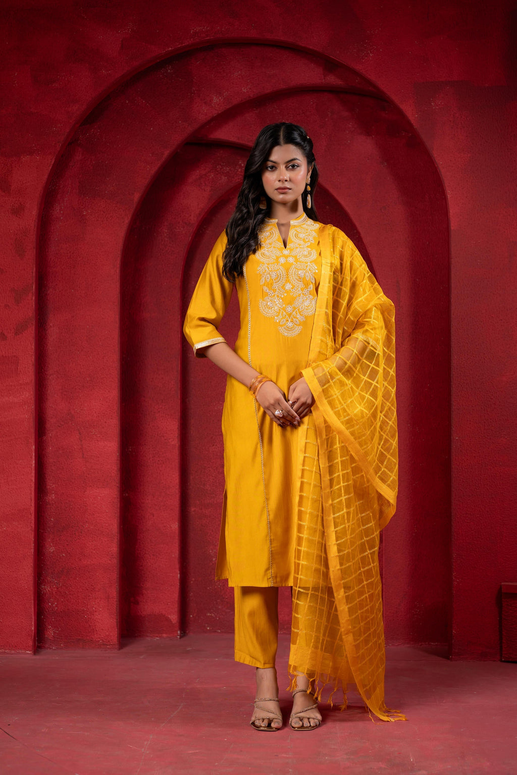 Juniper Sunlit Mustard Embroidered Kurta Set With Zari Checked Dupatta | Grocsy