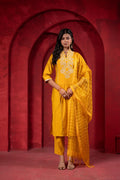 Juniper Sunlit Mustard Embroidered Kurta Set With Zari Checked Dupatta | Grocsy