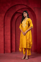 Juniper Sunlit Mustard Embroidered Kurta Set With Zari Checked Dupatta | Grocsy