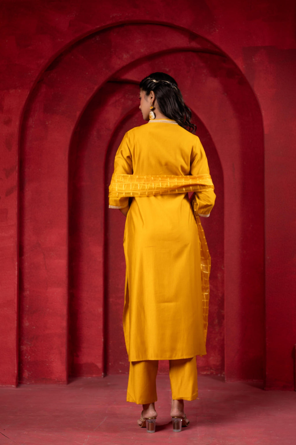 Juniper Sunlit Mustard Embroidered Kurta Set With Zari Checked Dupatta | Grocsy