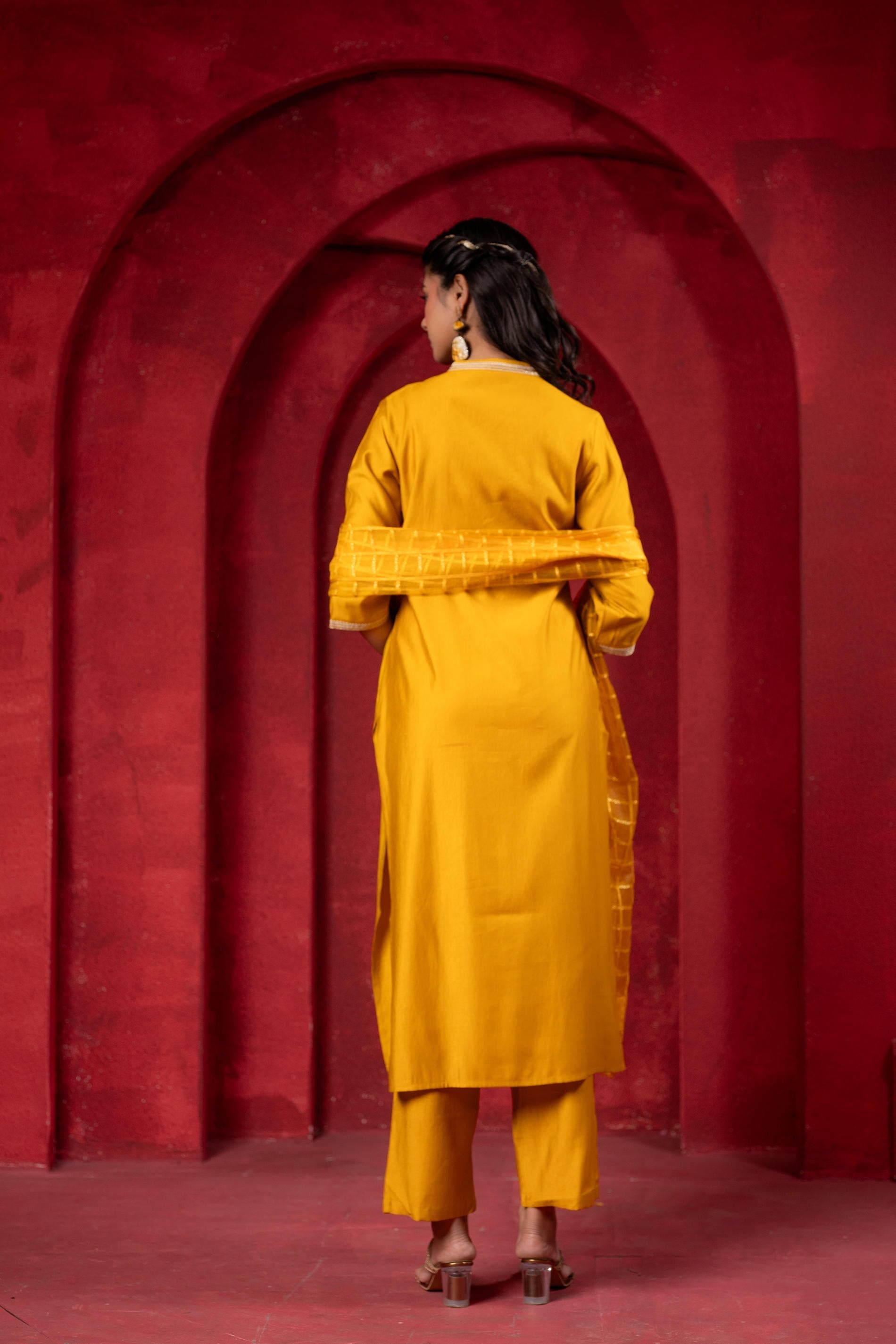 Juniper Sunlit Mustard Embroidered Kurta Set With Zari Checked Dupatta | Grocsy
