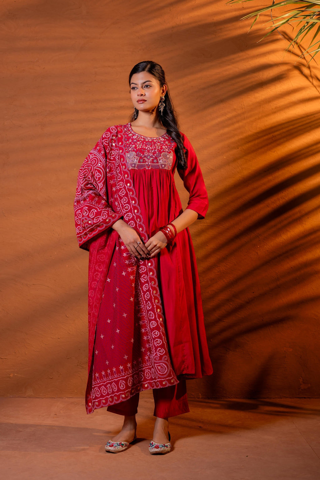 Juniper Maroon Ajrakh-Inspired Printed Kurta Set With Embroidered Yoke & Matching Dupatta | Grocsy