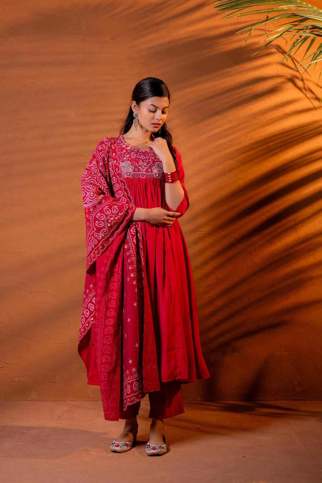 Juniper Maroon Ajrakh-Inspired Printed Kurta Set With Embroidered Yoke & Matching Dupatta | Grocsy
