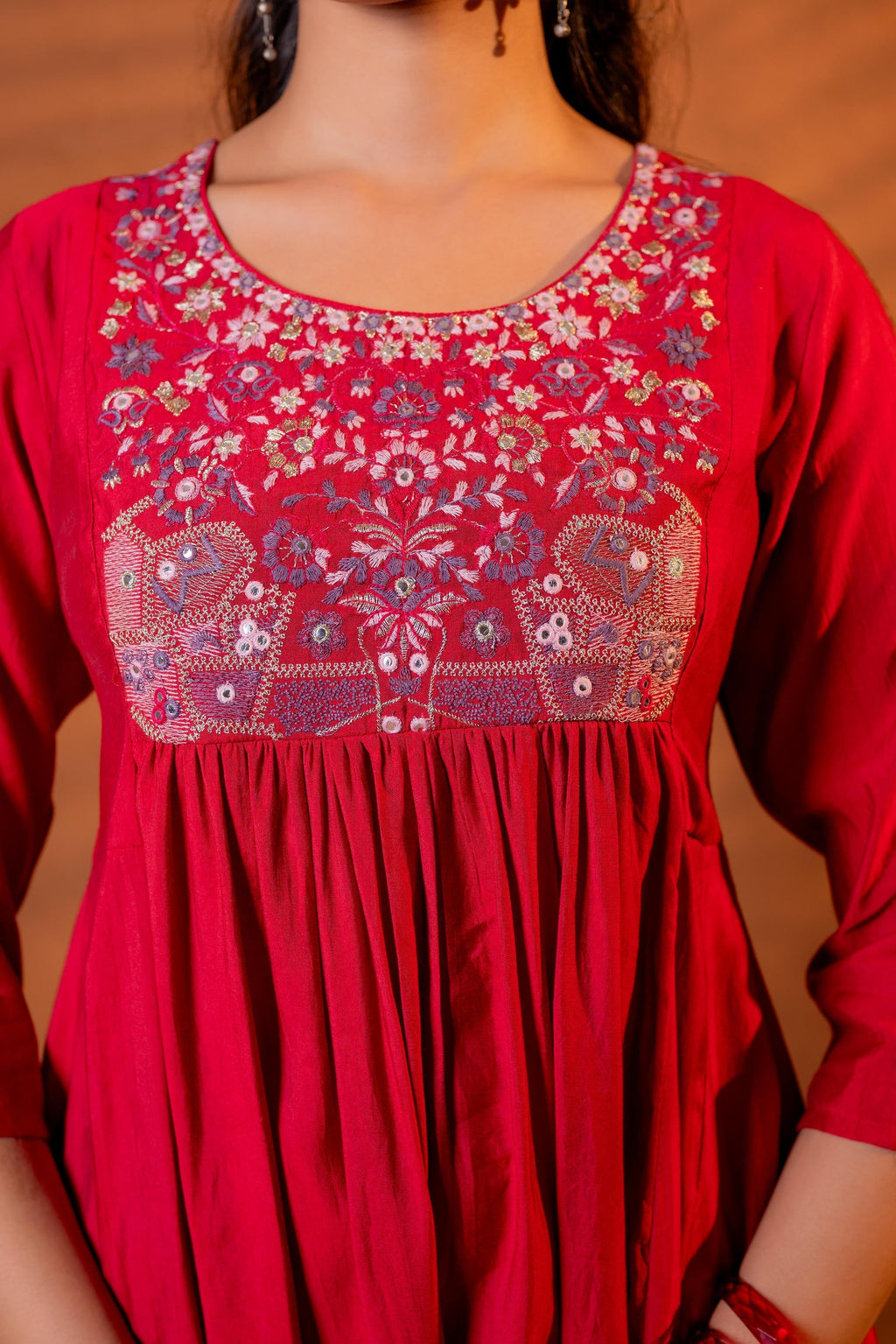 Juniper Maroon Ajrakh-Inspired Printed Kurta Set With Embroidered Yoke & Matching Dupatta | Grocsy