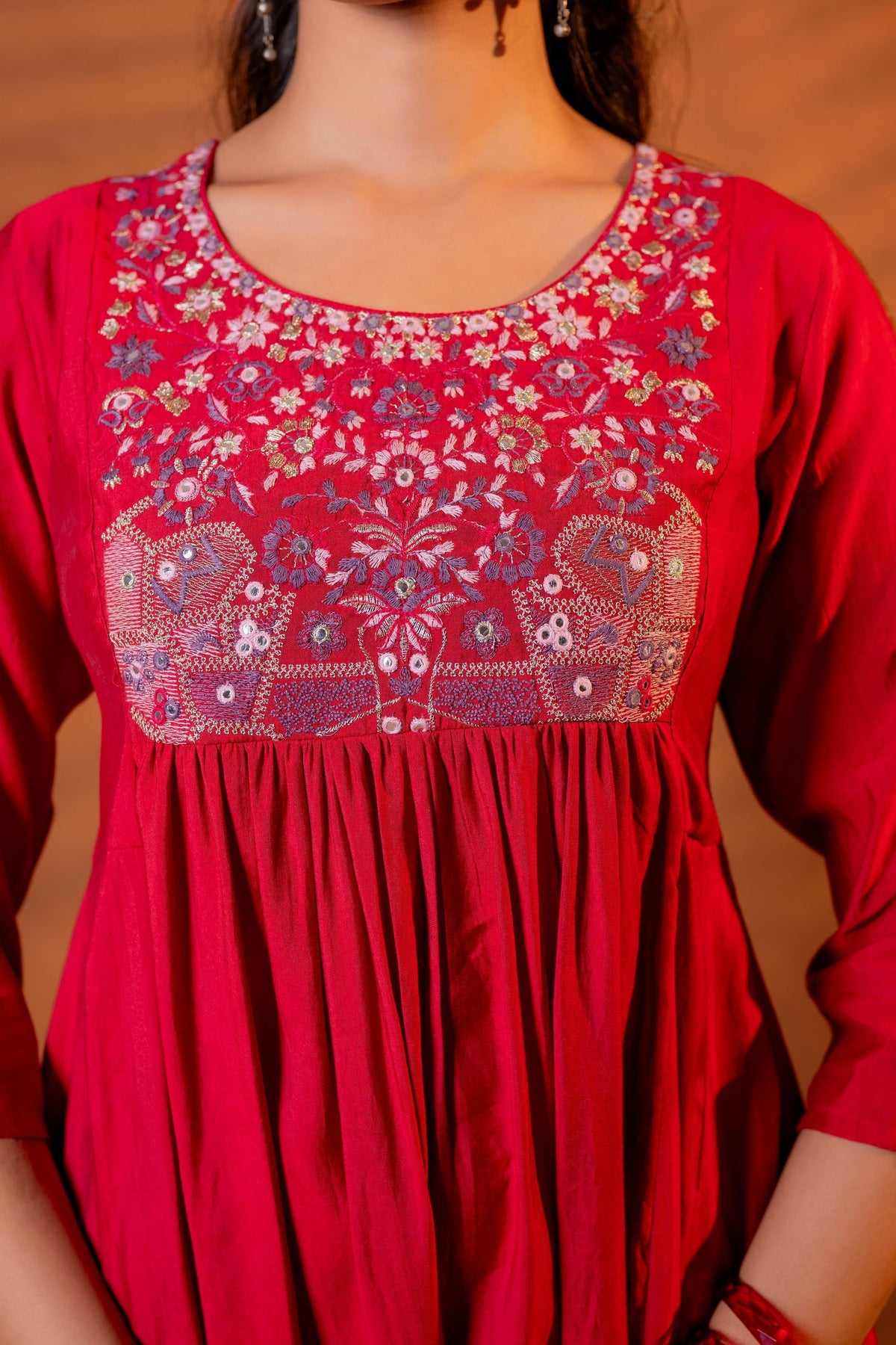 Juniper Maroon Ajrakh-Inspired Printed Kurta Set With Embroidered Yoke & Matching Dupatta | Grocsy