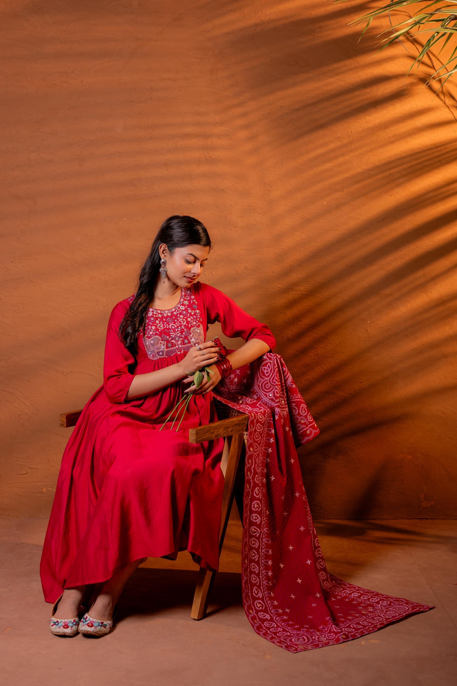 Juniper Maroon Ajrakh-Inspired Printed Kurta Set With Embroidered Yoke & Matching Dupatta | Grocsy