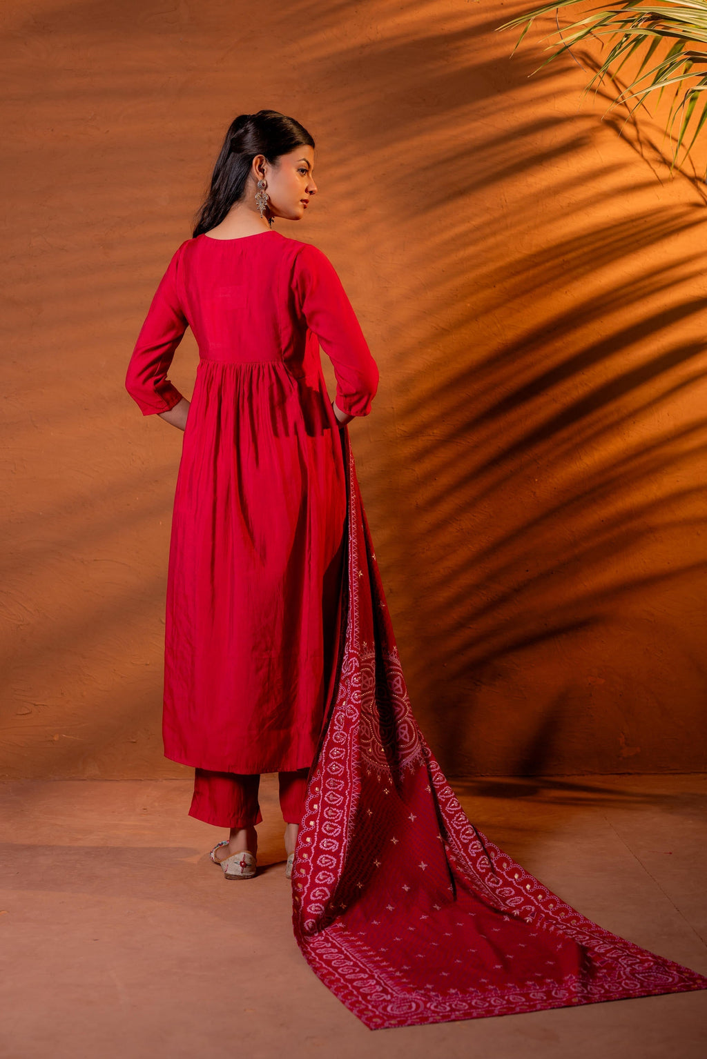 Juniper Maroon Ajrakh-Inspired Printed Kurta Set With Embroidered Yoke & Matching Dupatta | Grocsy