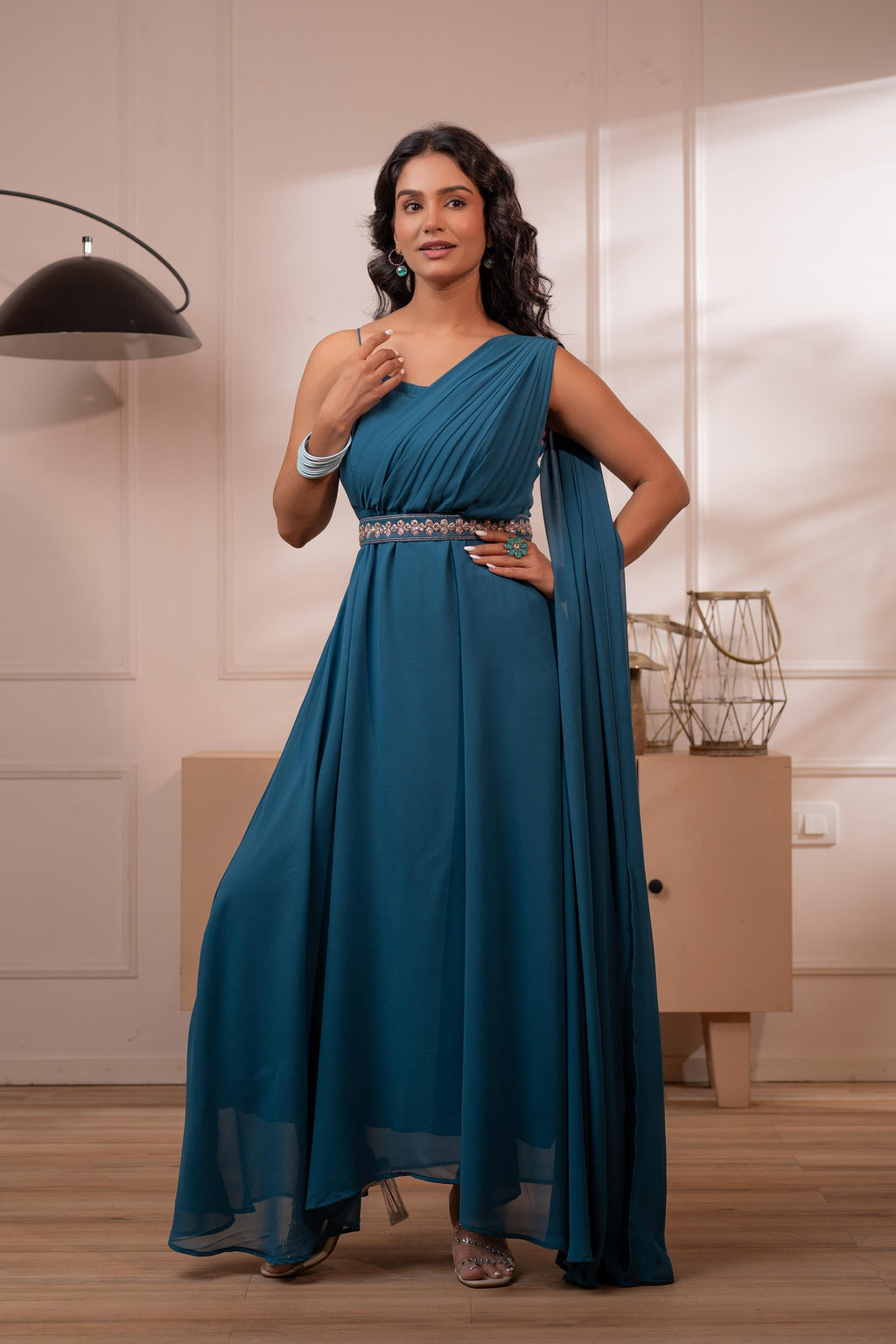 Juniper Ocean Teal Whispers One-Shoulder Gown | Grocsy